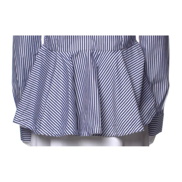 DESIGNER OVELIA TRANSTOTO BLUE/WHITE STRIPED COLLAR BUTTOM-UP LONG SLEEVE BLOUSE - Picture 7 of 9